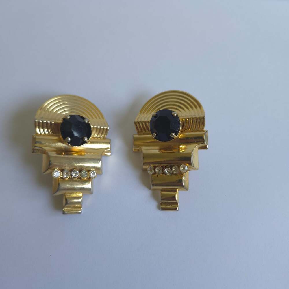 Vintage 1980s Artβ Deco Revival Clip On Earrings Gold Tone Black Rhinestone - Picture 3 of 8